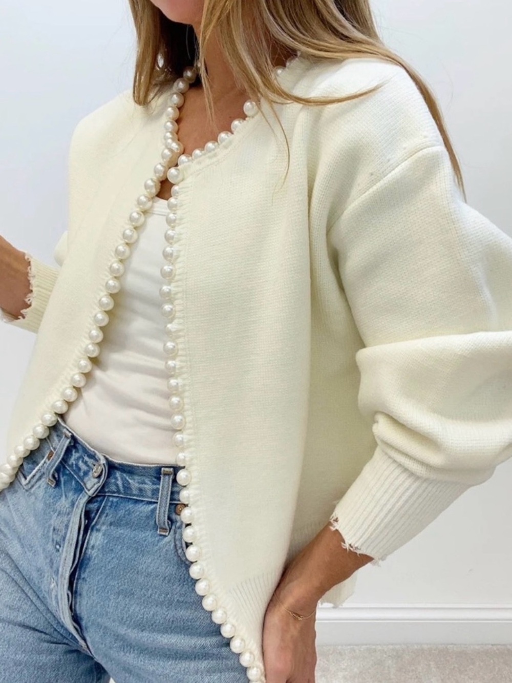 NWT Commense Pearl Trim Ripped Hem Cardigan SZ  XS